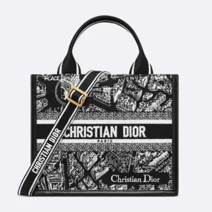 Dior Women Small Dior Book Tote Black and White Plan de Paris Embroidery with Black Calfskin