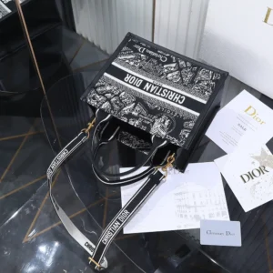 Dior Women Small Dior Book Tote Black and White Plan de Paris Embroidery with Black Calfskin