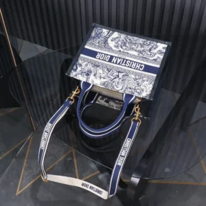 Dior Women Small Dior Book Tote White and Navy Blue Toile de Jouy Sauvage Embroidery