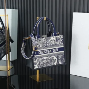 Dior Women Small Dior Book Tote White and Navy Blue Toile de Jouy Sauvage Embroidery