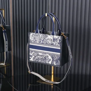 Dior Women Small Dior Book Tote White and Navy Blue Toile de Jouy Sauvage Embroidery