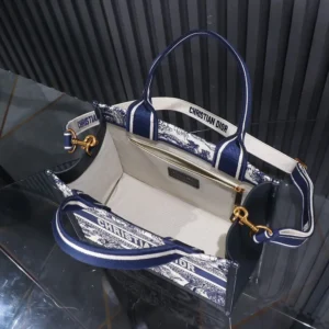 Dior Women Small Dior Book Tote White and Navy Blue Toile de Jouy Sauvage Embroidery
