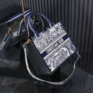 Dior Women Small Dior Book Tote White and Navy Blue Toile de Jouy Sauvage Embroidery