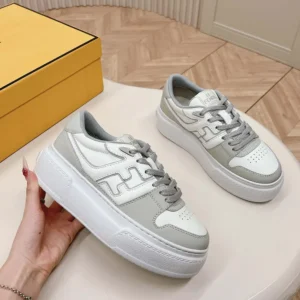 Fendi Women Match Gray Leather Platform Low-tops