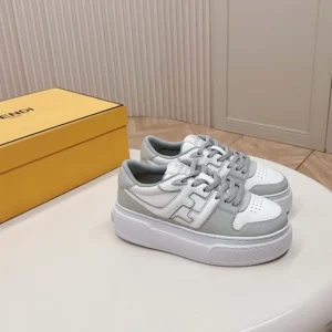 Fendi Women Match Gray Leather Platform Low-tops