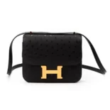 Hermes Women Constance 19 Bag Nata Ostrich Leather-Black/Gold