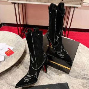 Christian Louboutin Women Santigag Strass 85 mm Low Boots Veau Velours and Strass-Black