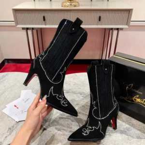 Christian Louboutin Women Santigag Strass 85 mm Low Boots Veau Velours and Strass-Black