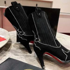 Christian Louboutin Women Santigag Strass 85 mm Low Boots Veau Velours and Strass-Black