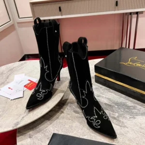 Christian Louboutin Women Santigag Strass 85 mm Low Boots Veau Velours and Strass-Black