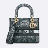 Dior Women Medium Lady D-Lite Bag Latte Embroidery with Blue Dior Around the World Motif