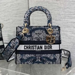 Dior Women Medium Lady D-Lite Bag Latte Embroidery with Blue Dior Around the World Motif