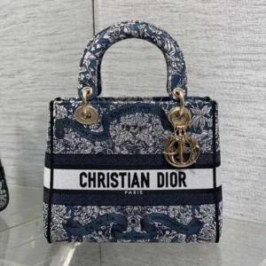 Dior Women Medium Lady D-Lite Bag Latte Embroidery with Blue Dior Around the World Motif