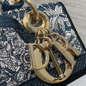Dior Women Medium Lady D-Lite Bag Latte Embroidery with Blue Dior Around the World Motif