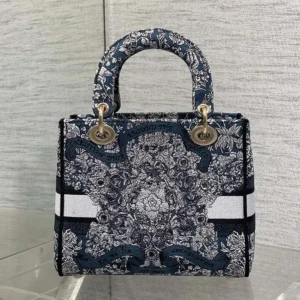 Dior Women Medium Lady D-Lite Bag Latte Embroidery with Blue Dior Around the World Motif