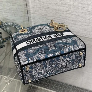 Dior Women Medium Lady D-Lite Bag Latte Embroidery with Blue Dior Around the World Motif