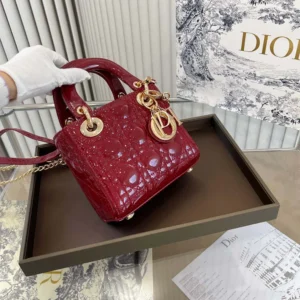 Dior Women Mini Lady Dior Bag Cherry Red Patent Cannage CalfskinDior Women Mini Lady Dior Bag Cherry Red Patent Cannage Calfskin