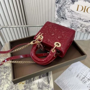 Dior Women Mini Lady Dior Bag Cherry Red Patent Cannage Calfskin