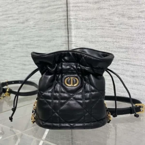 Dior Women Miss Caro Mini Bucket Bag with Drawstring Black Macrocannage Lambskin