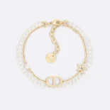 Dior Women Petit CD Bracelet Gold-Finish Metal with White Resin Pearls and Silver-Tone Crystals