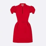 Dior Women Short Belted Dress Bright Red Lightweight Wool and Silk
