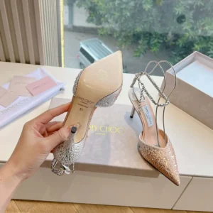 Jimmy Choo Women Saeda 100 Gold Satin Pumps with Crystals