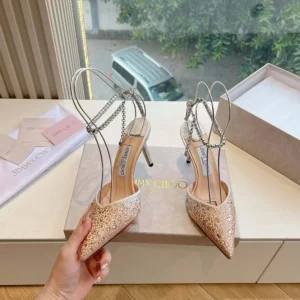 Jimmy Choo Women Saeda 100 Gold Satin Pumps with Crystals
