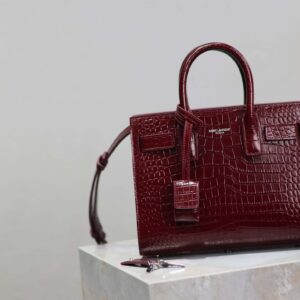Saint Laurent YSL Women Sac De Jour in Crocodile Embossed Leather Nano-Maroon