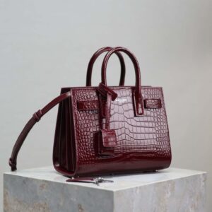 Saint Laurent YSL Women Sac De Jour in Crocodile Embossed Leather Nano-Maroon