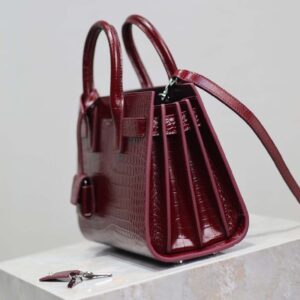 Saint Laurent YSL Women Sac De Jour in Crocodile Embossed Leather Nano-Maroon