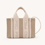 Chloe Women Mini Woody Tote Bag in Linen & Leather-Pink
