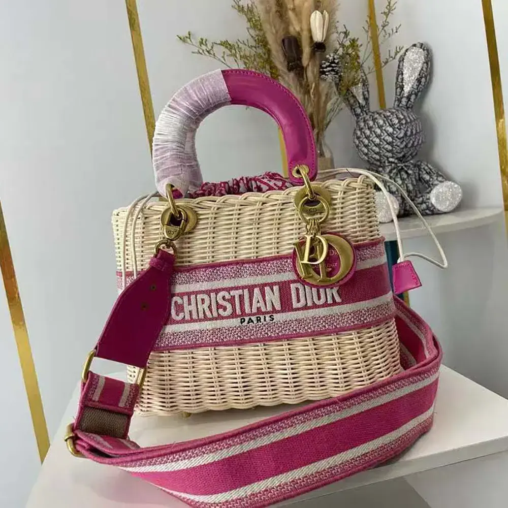 Dior Women Medium Lady Dior Bag Natural Wicker and Pink Dior Oblique Jacquard 2 Dior Women Medium Lady Dior Bag Natural Wicker and Pink Dior Oblique Jacquard