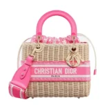 Dior Women Medium Lady Dior Bag Natural Wicker and Pink Dior Oblique Jacquard