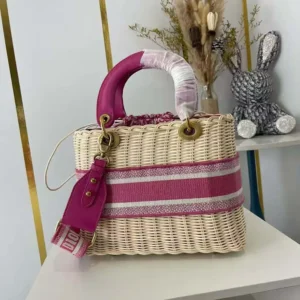 Dior Women Medium Lady Dior Bag Natural Wicker and Pink Dior Oblique Jacquard