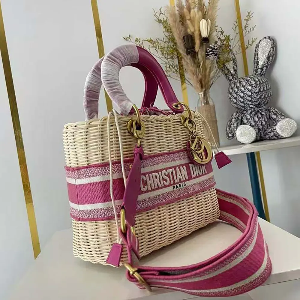 Dior Women Medium Lady Dior Bag Natural Wicker and Pink Dior Oblique Jacquard 5 Dior Women Medium Lady Dior Bag Natural Wicker and Pink Dior Oblique Jacquard