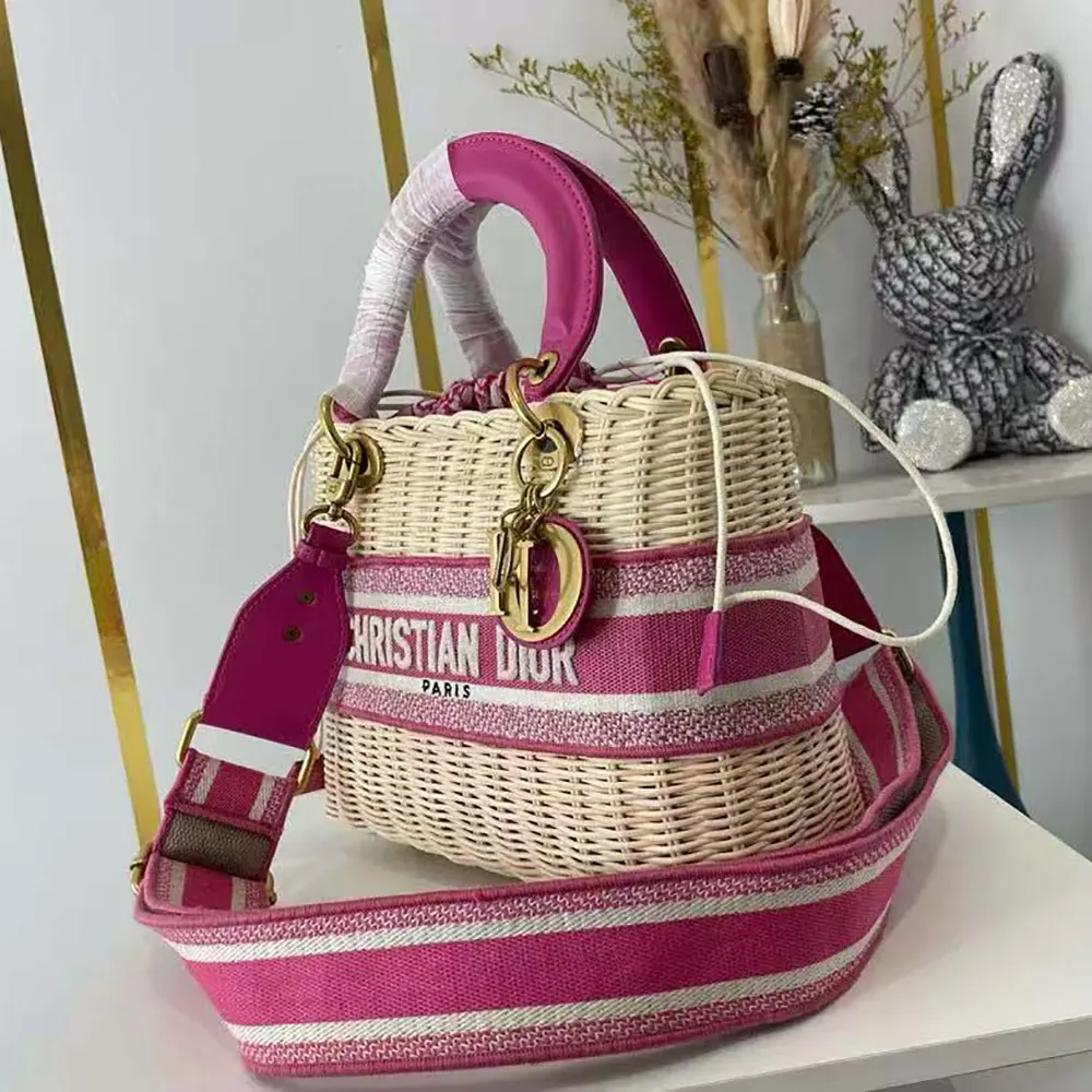 Dior Women Medium Lady Dior Bag Natural Wicker and Pink Dior Oblique Jacquard 4 Dior Women Medium Lady Dior Bag Natural Wicker and Pink Dior Oblique Jacquard - Image 4