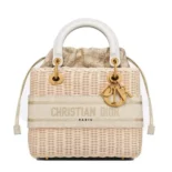 Dior Women Medium Lady Dior Bag Natural Wicker and White Dior Oblique Jacquard