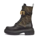 Fendi Women Fendigraphy Black Leather Biker Boots with Stretch Fabric
