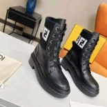 Fendi Women Rockoko Black Leather Biker Boots with FF Jacquard Motif
