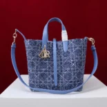 Dior Women Medium Dior Toujours Vertical Tote Bag Blue Tweed with White Cannage Motif