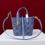 Dior Women Small Dior Toujours Vertical Tote Bag Blue Tweed with White Cannage Motif