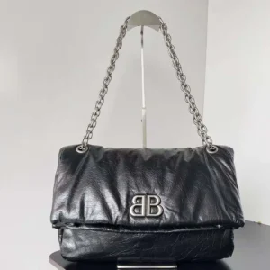 Balenciaga Women Monaco Large Chain Bag in Black/Silver Arena Calfskin