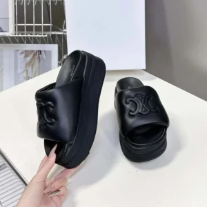 Celine Women Block Slide with Triomphe in Lambskin-Black 360435129C