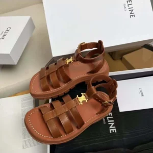 Celine Women Clea Triomphe Gladiator Sandal in Calfskin-Vegetal Tanning