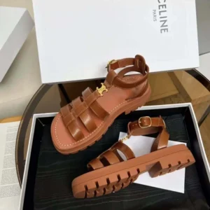 Celine Women Clea Triomphe Gladiator Sandal in Calfskin-Vegetal Tanning