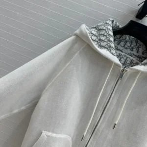 Hooded Track Jacket White Cotton Knit and Cashmere