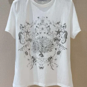 T-Shirt White Cotton and Linen Jersey with Black Dior Cabinet de Curiosités Motif