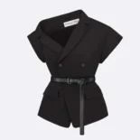 Dior Women Asymmetric Short-Sleeved Jacket with Belt Black Silk and Cotton Faille