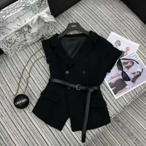 Dior Women Asymmetric Short-Sleeved Jacket with Belt Black Silk and Cotton Faille