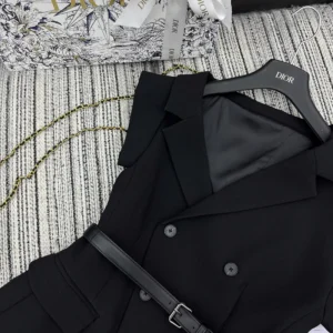 Dior Women Asymmetric Short-Sleeved Jacket with Belt Black Silk and Cotton Faille